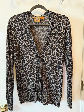 Tory Burch Wool Leopard Print Cardigan in Taupe, Black & Brown